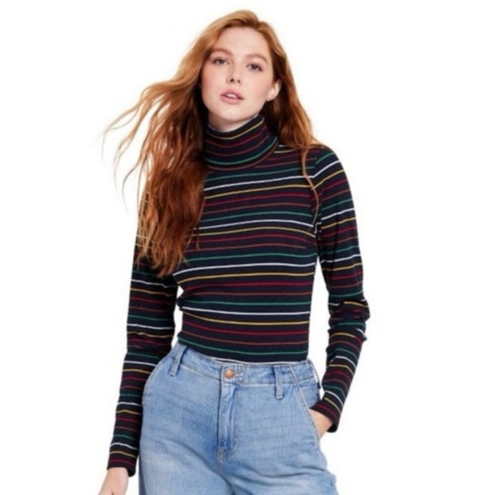 La Ligne x Target Blue Long Sleeve Ribbed Turtleneck Multicolor Rainbow Stripe S